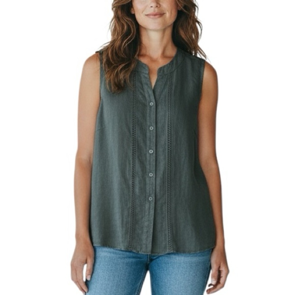 Lina Tomei linen sleeveless eyelet button down top size L excellent condition